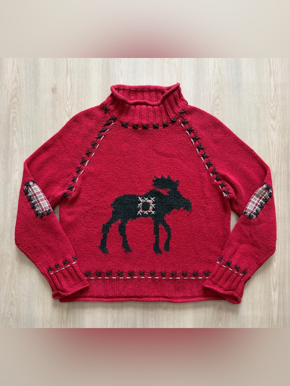 Vintage PBJ Sport Sweater Knit Moose Country Cottage Patches Sz L Heavyweight